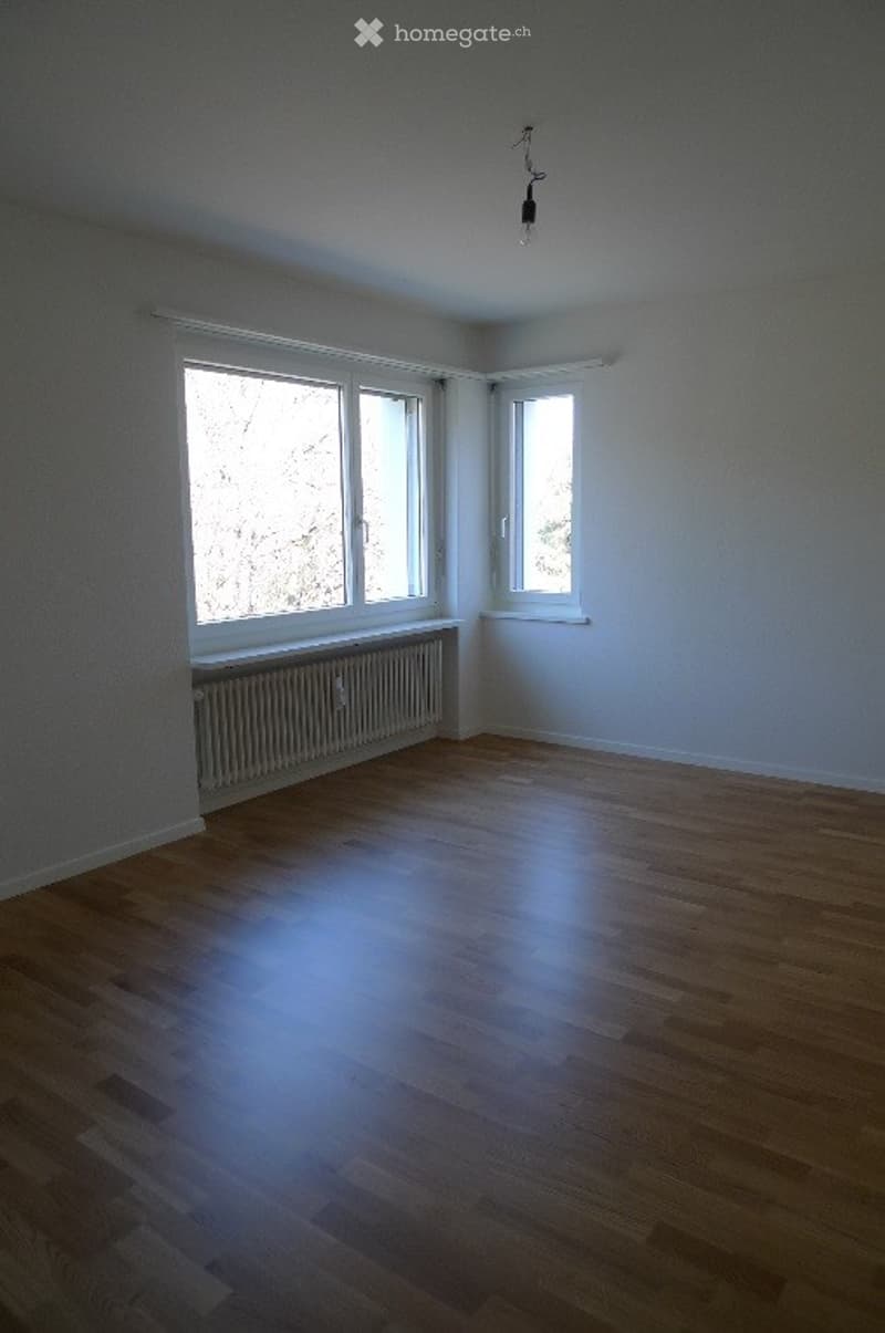 Completely empty room with wooden flooring, white walls, large windows, and a radiator under one window.