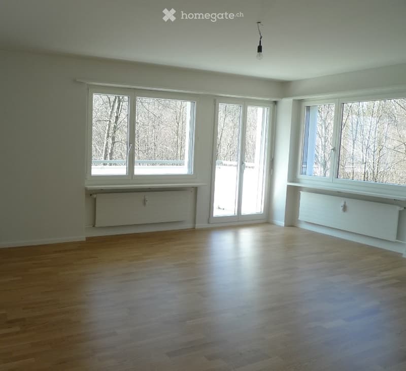Completely empty room with wooden flooring, large windows, radiators, and a single hanging light fixture.