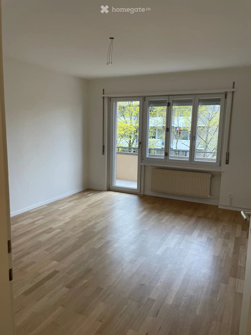 Empty room with light wooden flooring, white walls, large window with sliding doors, radiator, and visible electrical outlet.
