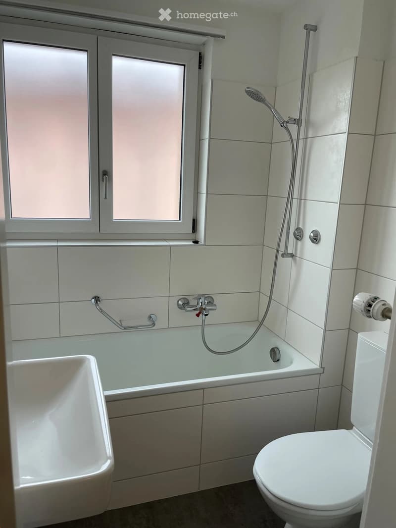 Modern bathroom with a bathtub, toilet, showerhead, and handrail. The walls are tiled in white, and there is a window with frosted glass above the bathtub.