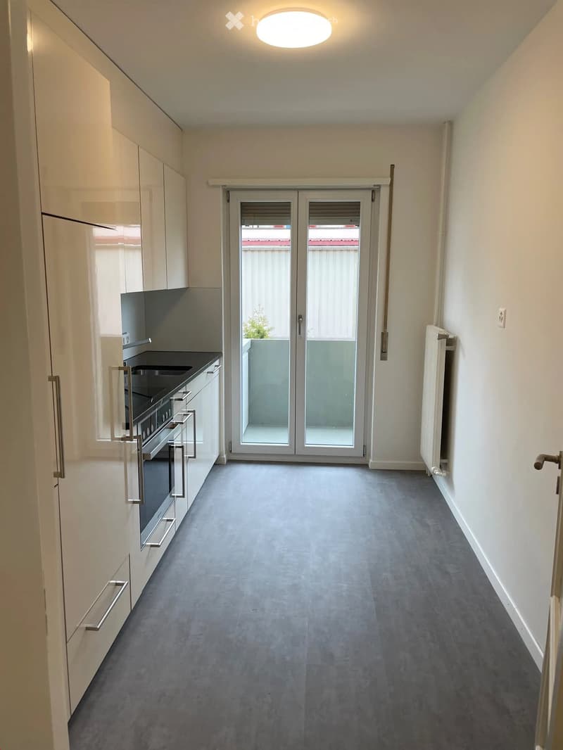 Modern hallway with grey carpet, white walls, built-in cabinets, and a large glass door leading to a balcony.