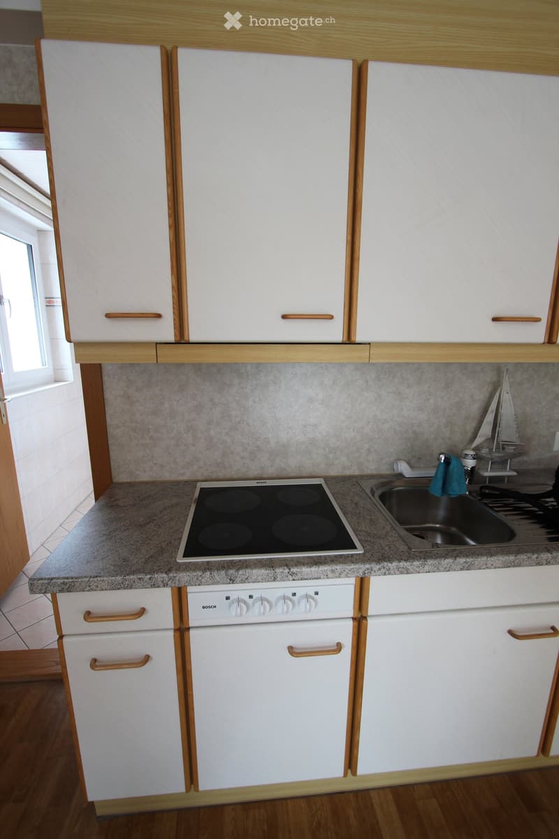 Modern kitchen with white cabinets, granite countertop, induction stove, sink, and Bosch dishwasher. Wooden handles and a small decorative sailboat model are visible.
