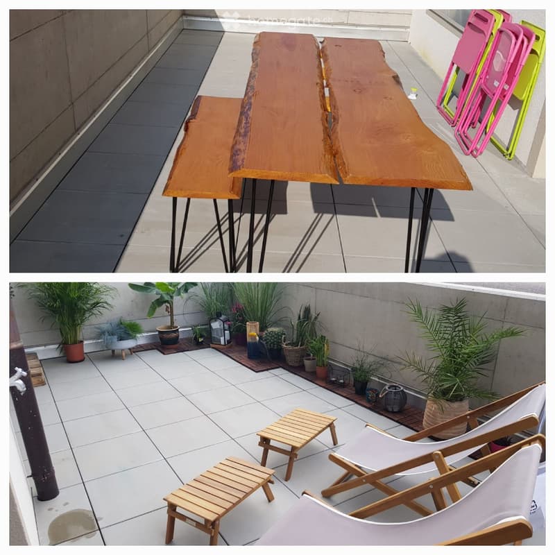 Two images show a modern outdoor patio area with a large wooden table, colorful folding chairs, potted plants, and small wooden stools arranged on a tiled floor.
