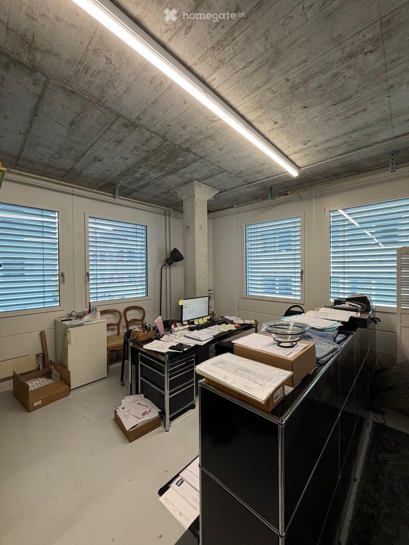 Office space with desks, chairs, computer, printer, filing cabinet, and a lamp. The room has large windows with blinds and a slanted concrete ceiling.