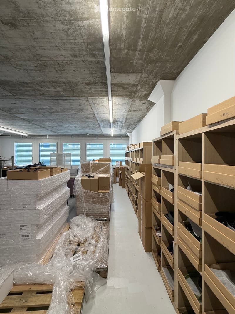 Empty hallway with exposed concrete walls and ceiling, large windows with blinds, wooden shelving units, and cardboard boxes stacked along the walls.