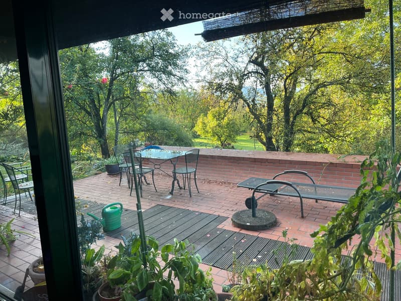 Balcony with brick floor, outdoor furniture including a table and chairs, a garden hose, and potted plants.