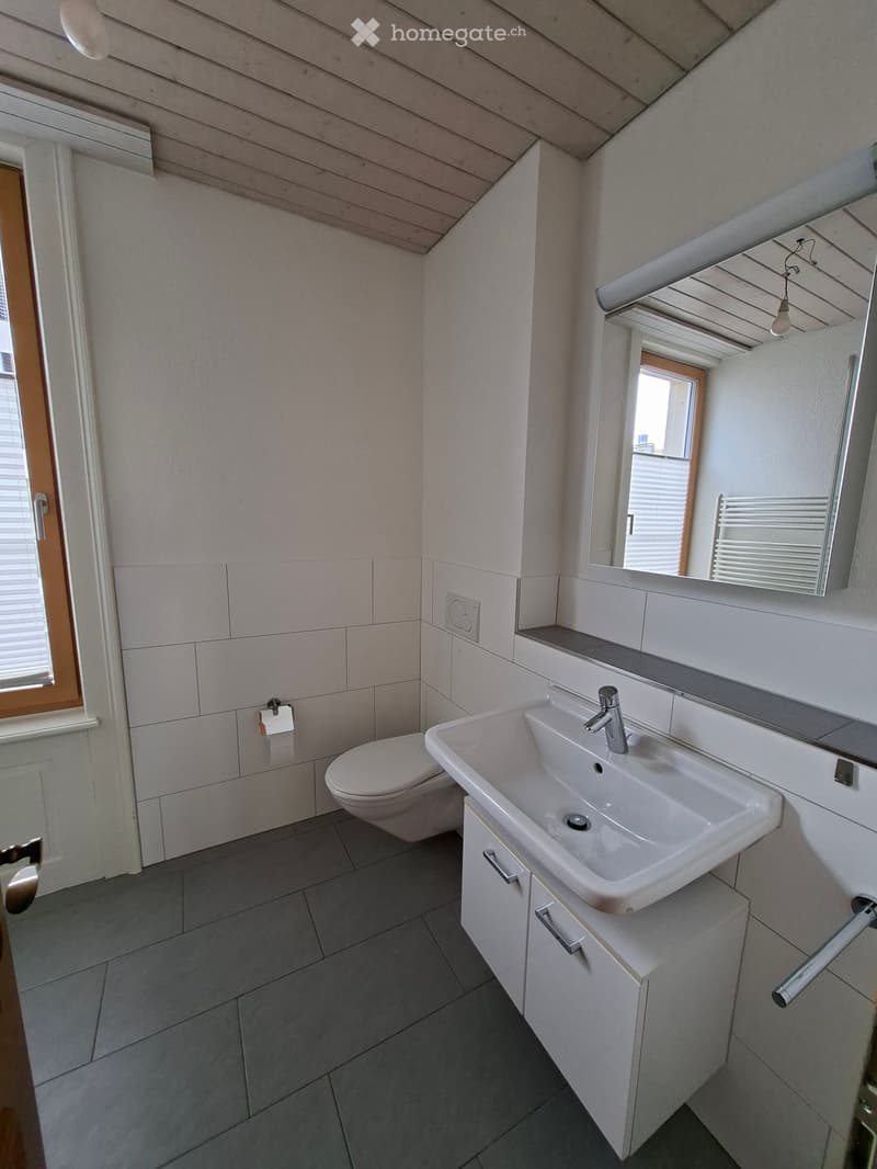 Modern bathroom with a white sink, chrome faucet, toilet, mirrored cabinet, and radiator. The room features grey tiled flooring and white walls.