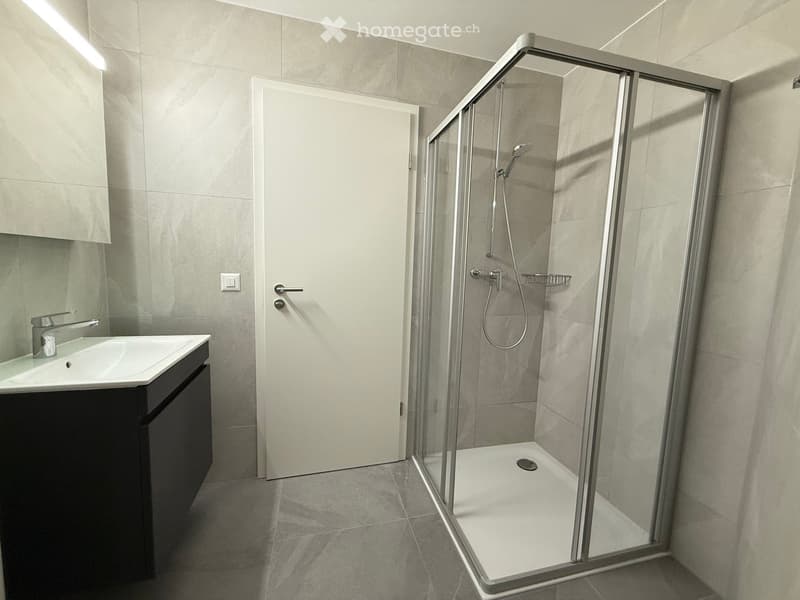Modern bathroom with walk-in shower, vanity, and tiled floors