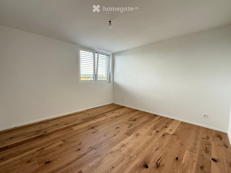 Empty room, wooden floor, white walls, window with white shutters, electrical outlet