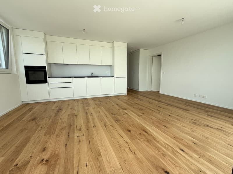 Modern kitchen with white cabinetry, built-in oven, dishwasher, large island with open counter space, hardwood flooring