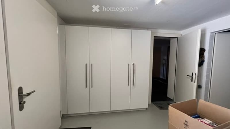 Empty room with white built-in wardrobes, grey flooring, and a partially open doorway leading to another room.