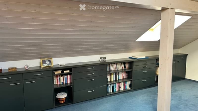 A modern, well-organized room with built-in dark grey cabinetry and bookshelves, featuring a variety of books, a small decorative basket, and framed pictures on top.