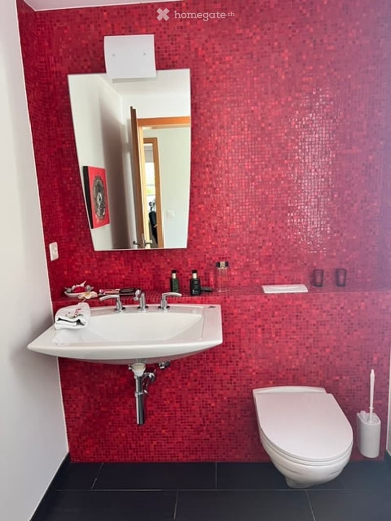 Modern bathroom with red mosaic tiles, white sink, chrome faucet, large mirror, and toilet.