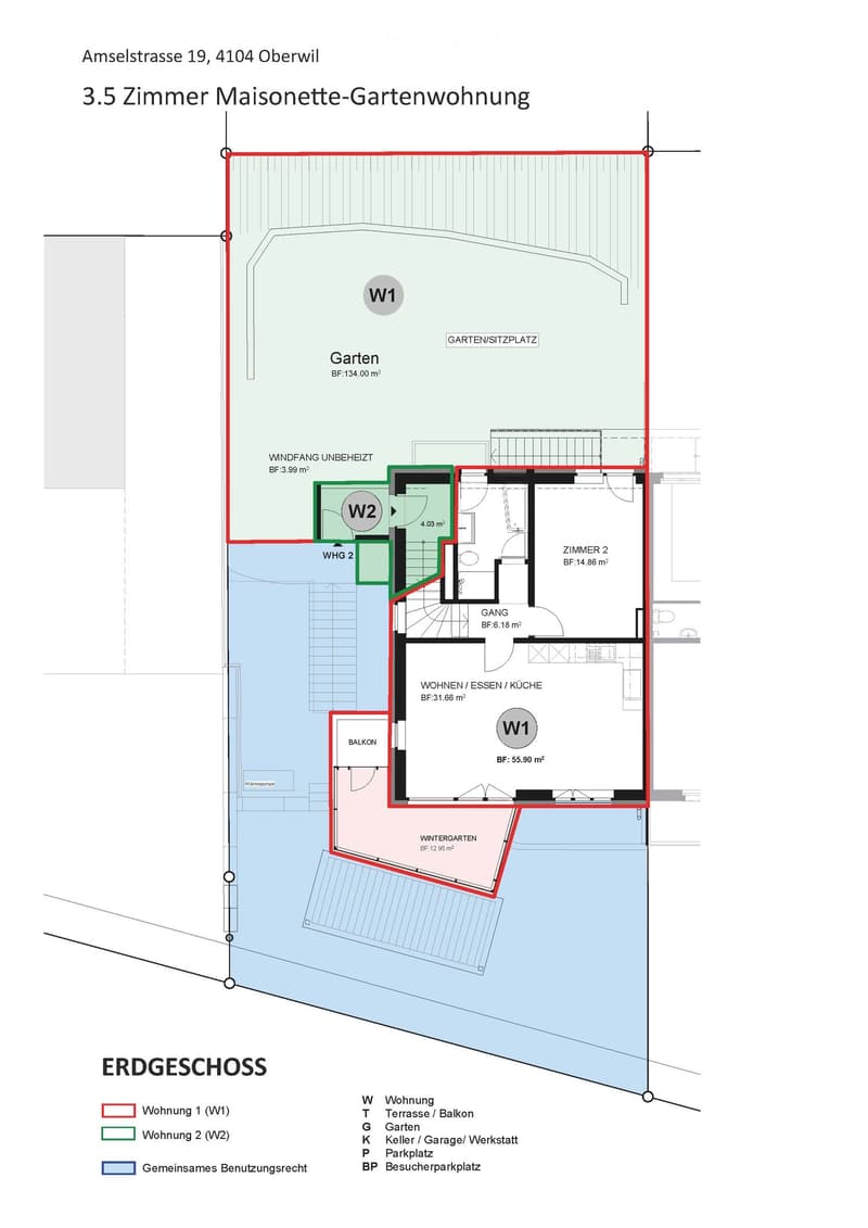 Floor plan of a 3.5-room maisonette garden apartment with two units, garden, balcony, and shared usage area.
