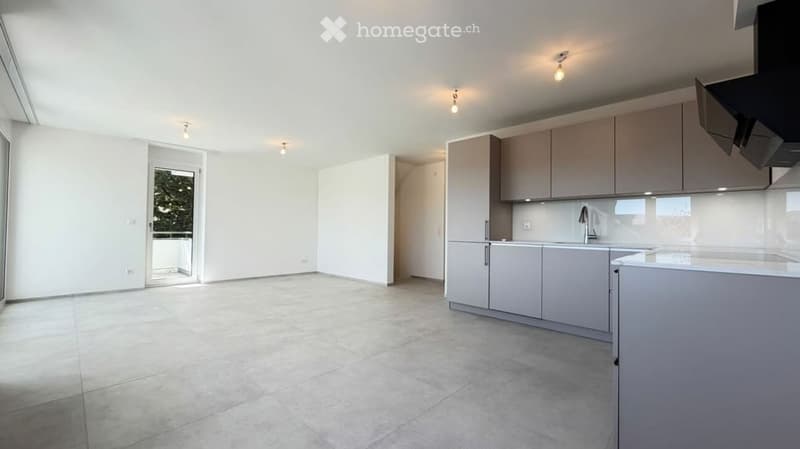 Empty kitchen and living space with white walls, grey cabinets, and a tiled floor. The kitchen features a sink, faucet, and built-in cabinets, while the living area has large windows and a sliding glass door leading to a balcony.
