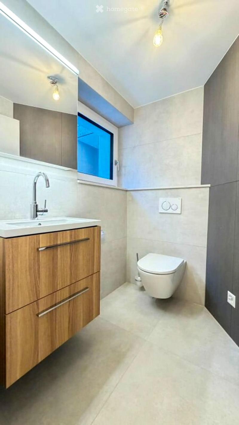 Modern bathroom with a sleek wooden cabinet, white sink, chrome faucet, and a white toilet. The room features light-colored tiles and a skylight window.