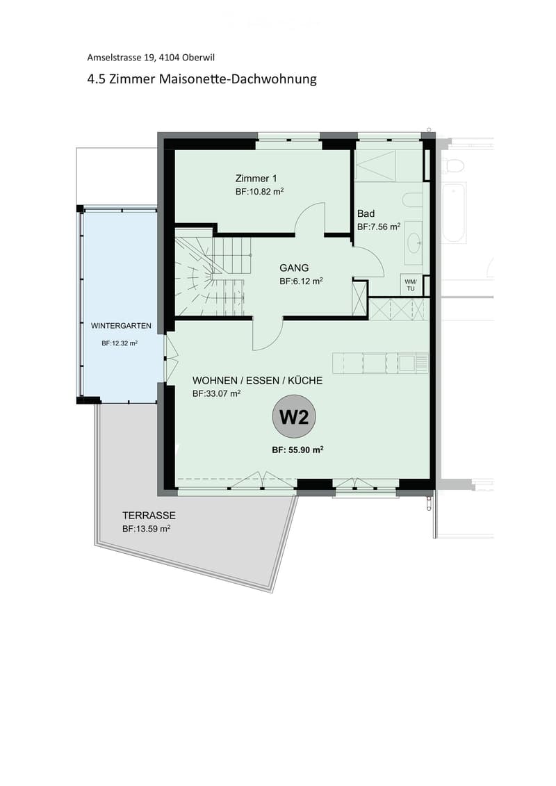 Floor plan of a 4.5-room maisonette apartment with a winter garden, living/dining/kitchen area, two bedrooms, bathroom, and terrace.