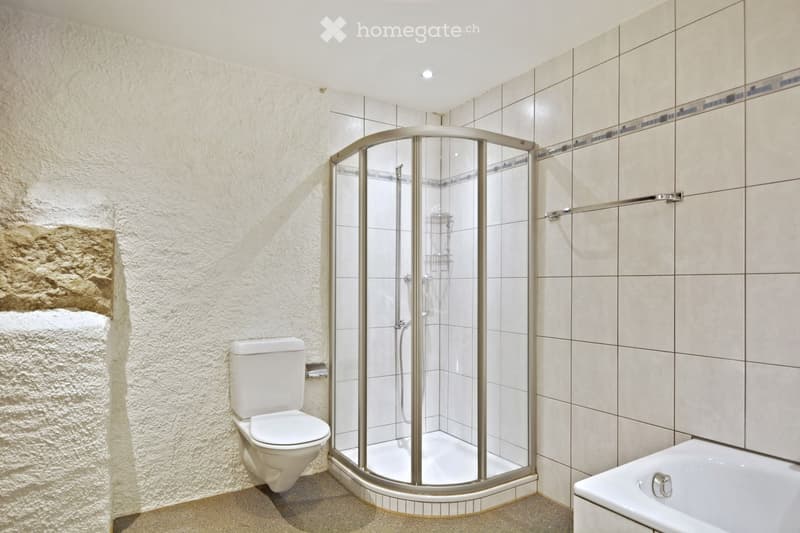Modern bathroom with a white toilet, a bathtub, and a glass-enclosed shower stall. The walls are tiled with beige tiles and a textured stone accent on one wall.