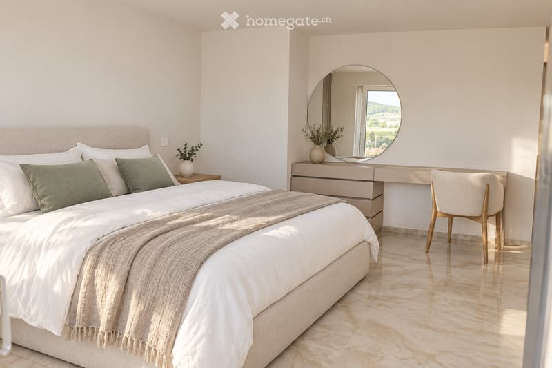 Modern bedroom with a large bed, nightstand, chair, vanity table, and decorative vases.