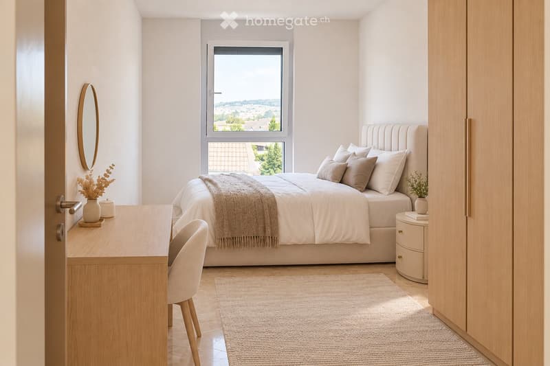 Modern bedroom with a large bed, nightstand, desk, chair, and a view through a large window.