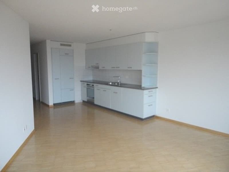 Empty kitchen with light blue cabinetry, stainless steel appliances, and wooden flooring.