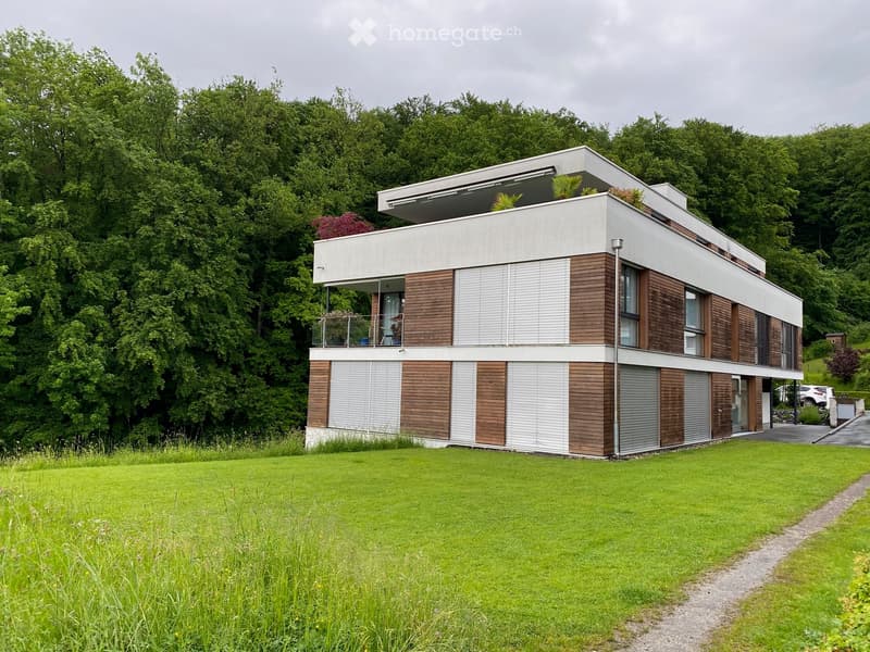 Modern two-story house with white and wood exterior, large windows, balcony, and surrounding greenery.