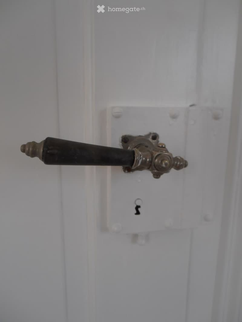 Close-up of a white door with a black handle and a keyhole, featuring a decorative brass escutcheon plate.