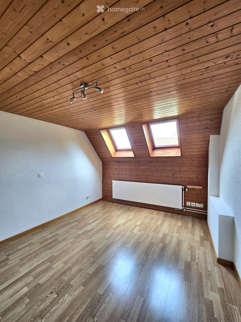 Empty room with wooden flooring, wooden walls, and skylight windows. Features a radiator and modern lighting fixture on the ceiling.