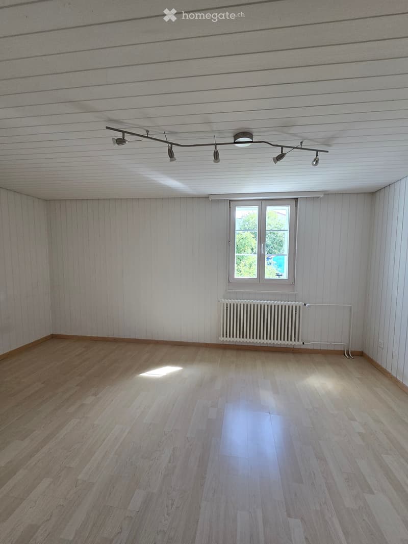 Empty room with wooden flooring, white paneled walls, a window with white frame, and a radiator below it. The ceiling has a track light system with multiple spotlights.