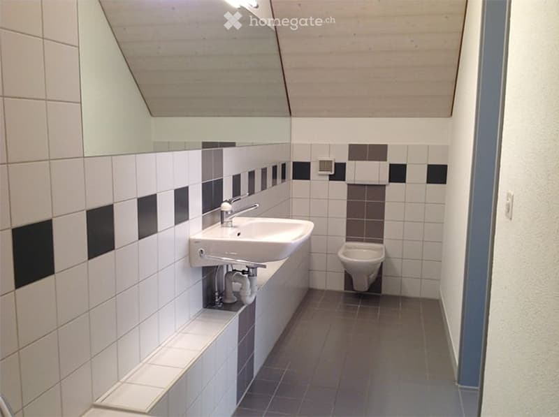 Modern bathroom with white and black tiled walls, a white sink with a chrome faucet, and a toilet. The room features a sleek design with a large mirror and a wooden ceiling.