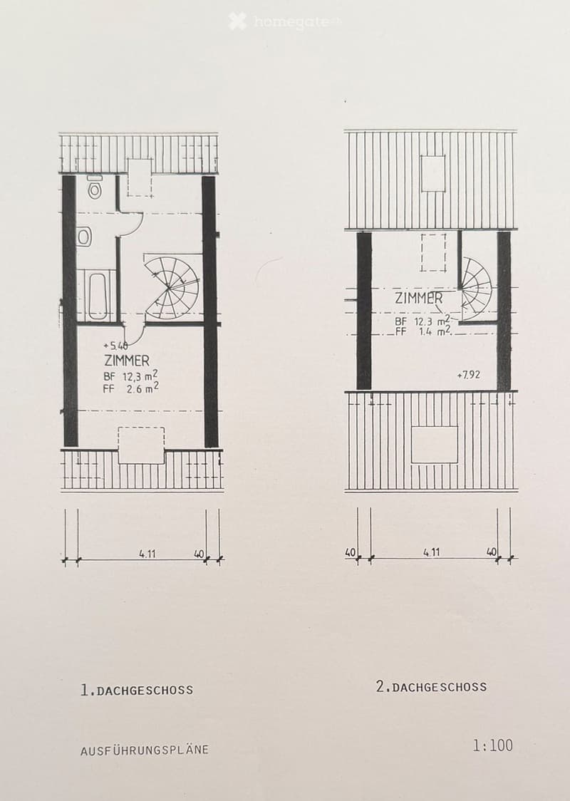 Architectural floor plans of two attic levels, labeled 1. Dachgeschoss and 2. Dachgeschoss, showing room layouts and dimensions.