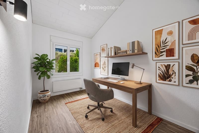 A modern, well-lit home office with a wooden desk, ergonomic chair, computer setup, wall-mounted shelves with books and decor, and a large potted plant near the window.