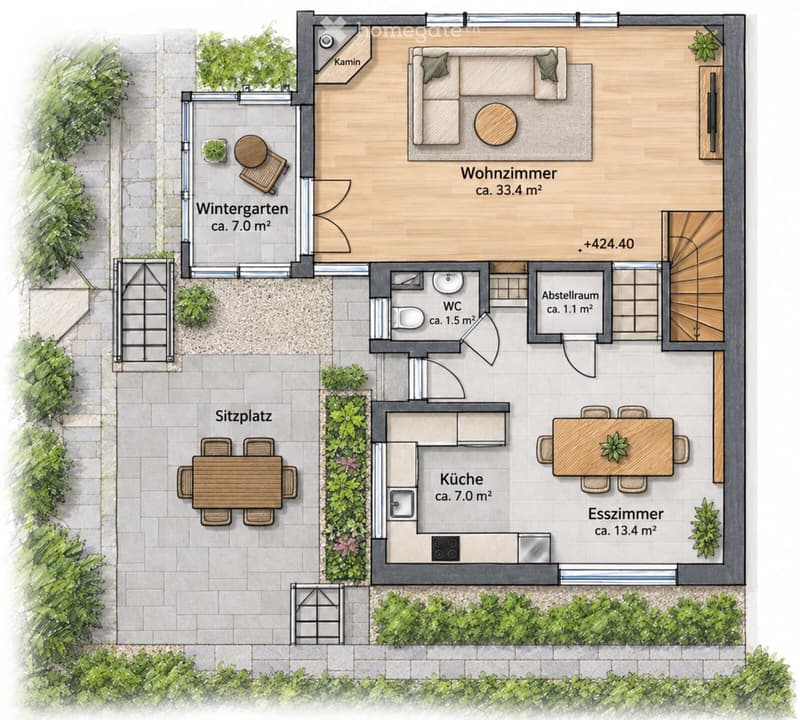 Floor plan of a house with a living room, kitchen, dining room, bathroom, storage room, and outdoor seating area.