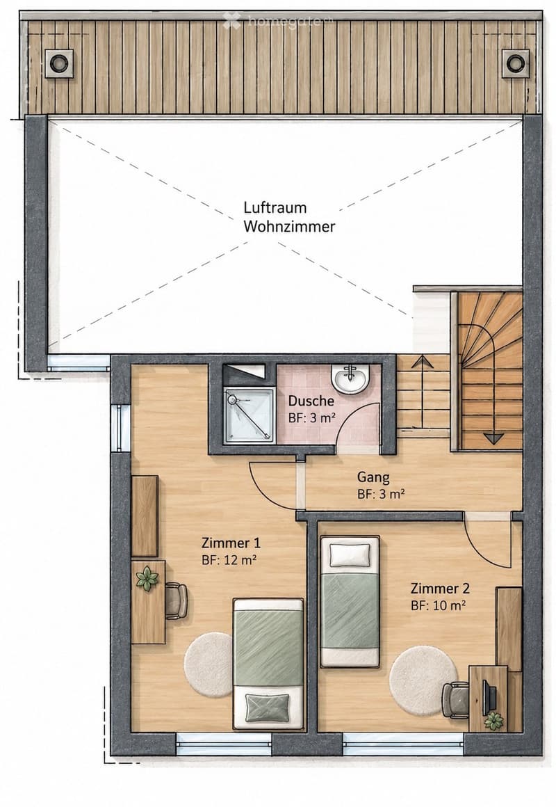 Layout includes living space, two bedrooms, bathroom, hallway, and small shower area. Each room is clearly labeled with dimensions.