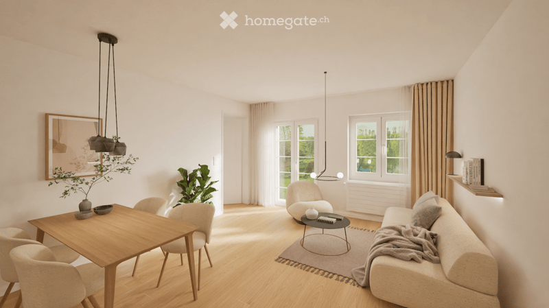 Modern living room with light wooden flooring, white walls, large windows with curtains, a sofa with a throw, a coffee table, a dining table with chairs, pendant lights, and decorative plants.