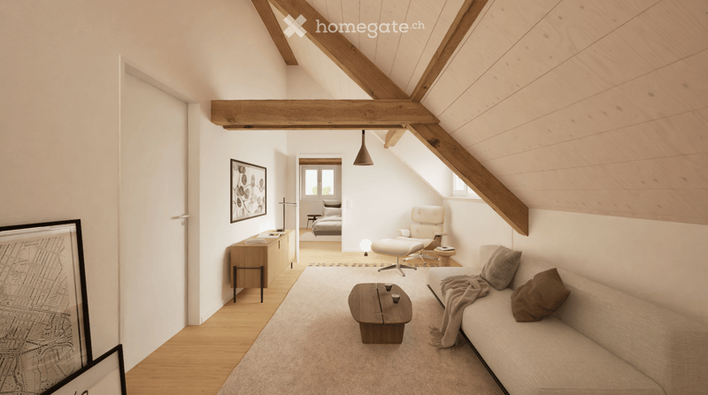 Modern living room with exposed wooden beams, a sofa, coffee table, armchair, and a small bedroom visible through an open doorway.