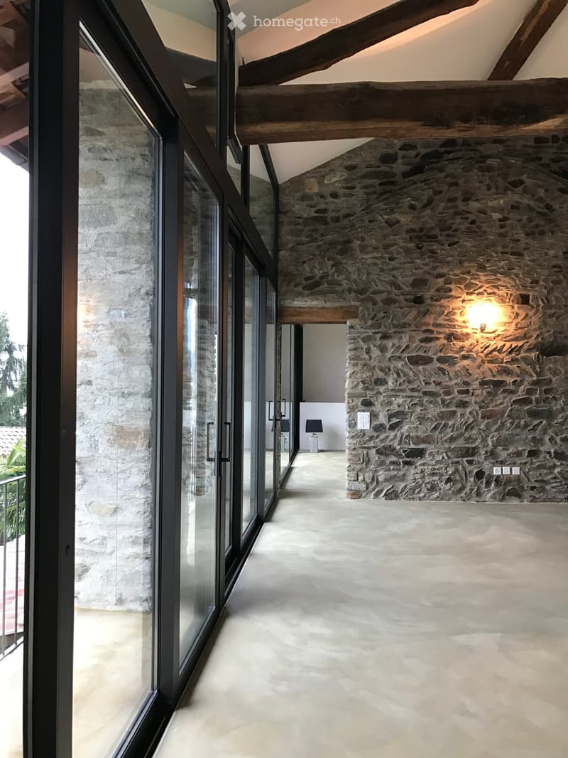 Modern hallway with exposed stone walls, large glass sliding doors, and wooden beams on the ceiling.