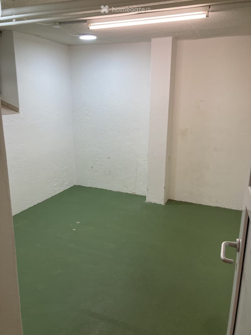 Empty room with green carpeted floor and white walls, featuring a door on the right side and a ceiling light fixture.