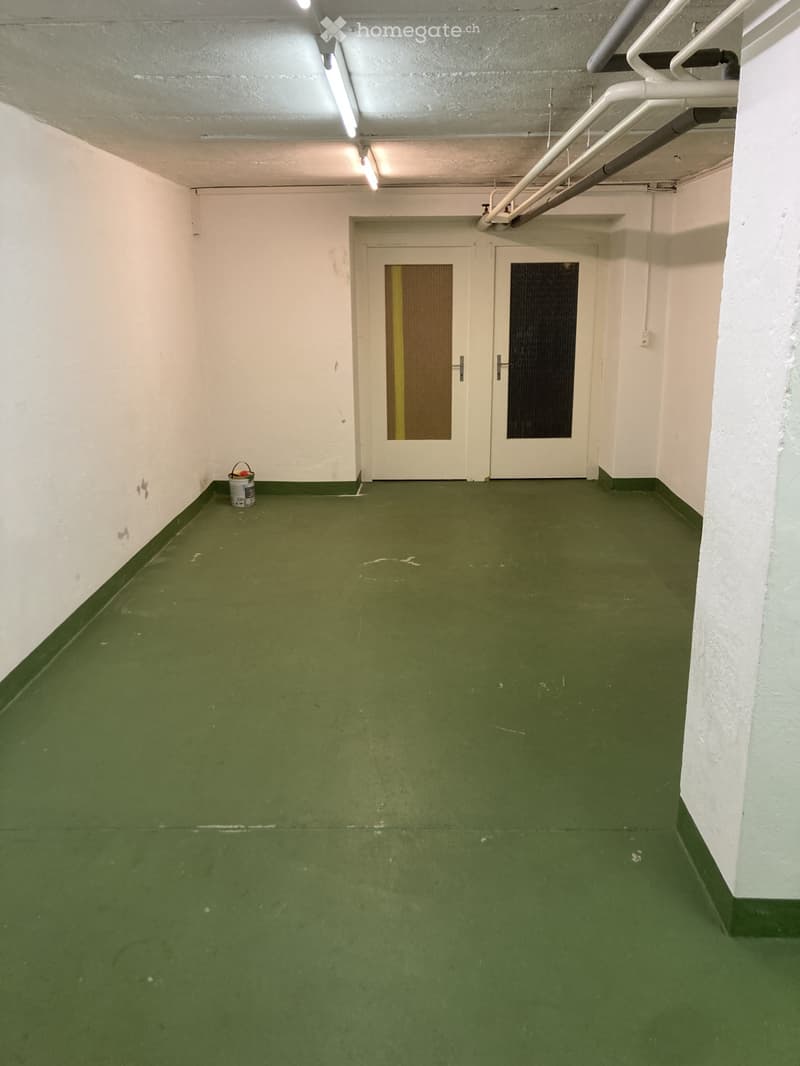 Empty hallway with green flooring, white walls, and a double door at the end.