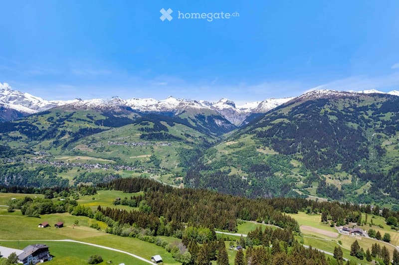 A panoramic view of a lush green valley surrounded by snow-capped mountains, with scattered houses and trees dotting the landscape.