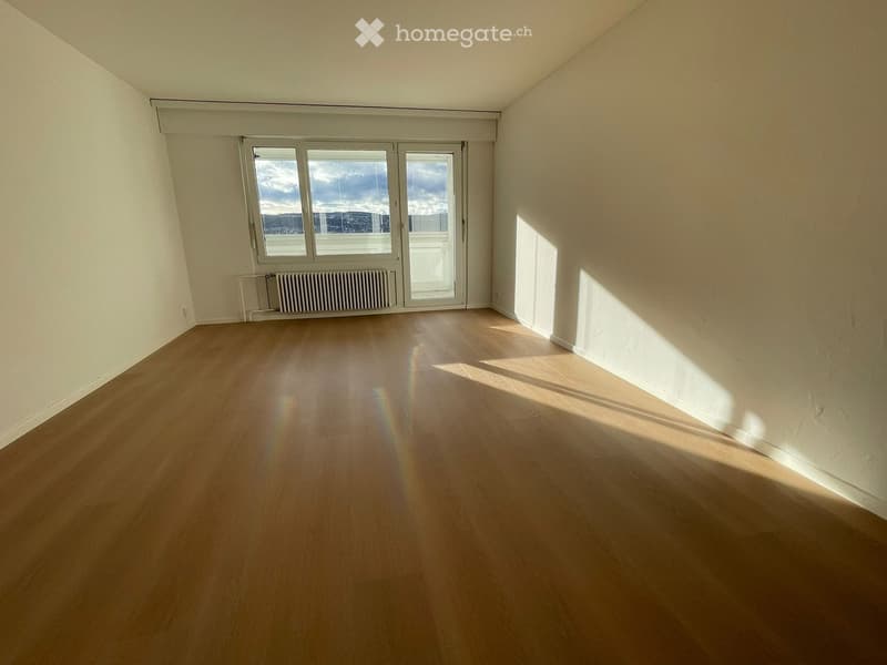 Empty room, wooden floor, white walls, large window with view
