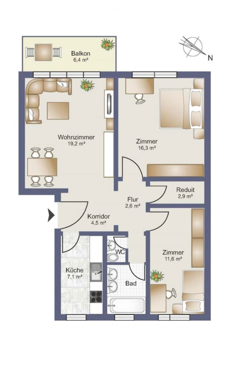 Floor plan with a living room, kitchen, 3 bedrooms, a bathroom, a bathroom with a WC, a balcony, and a corridor.