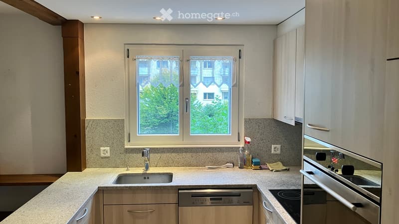 Modern kitchen with light wood cabinets, granite countertop, stainless steel appliances, and a window overlooking greenery.
