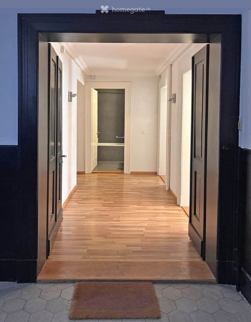 Bright, modern hallway with wooden flooring, white walls, and several doors leading to different rooms.