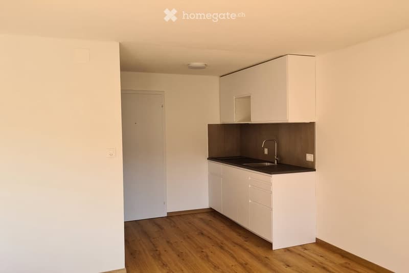 Empty kitchen with white cabinets, black countertop, and wooden flooring.