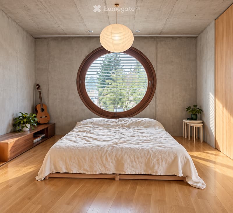 Modern bedroom with a large round window, wooden floor, bed with white bedding, guitar on a shelf, two small stools, a small table with a potted plant, and a hanging spherical lamp.