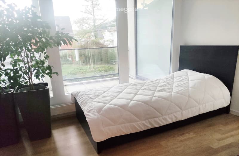 Modern bedroom with a large bed, white quilted duvet, dark wooden headboard, and large windows with a view of the garden.