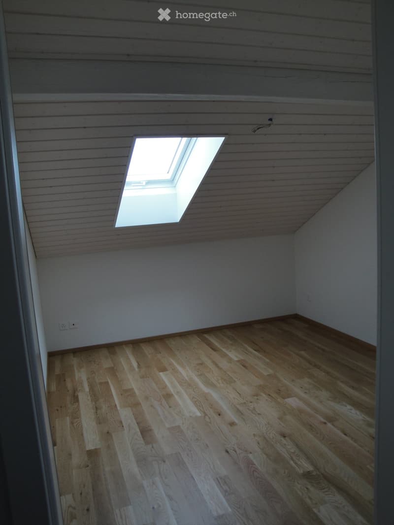 Empty room with wooden flooring and a skylight window in the ceiling.