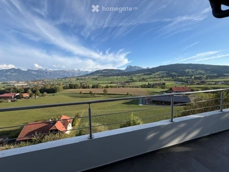 Balcony with metal railing overlooking a green field and distant mountains under a clear blue sky.