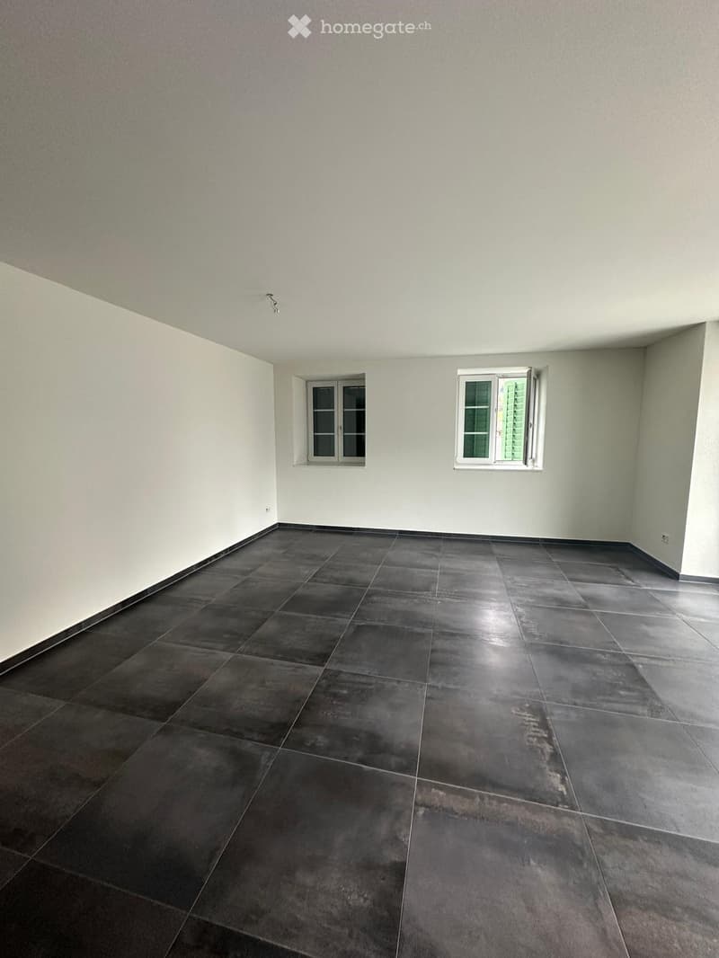 Empty room with dark tiled flooring and white walls, featuring two windows with shutters.
